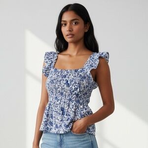 Old Navy White and Blue Floral Blouse